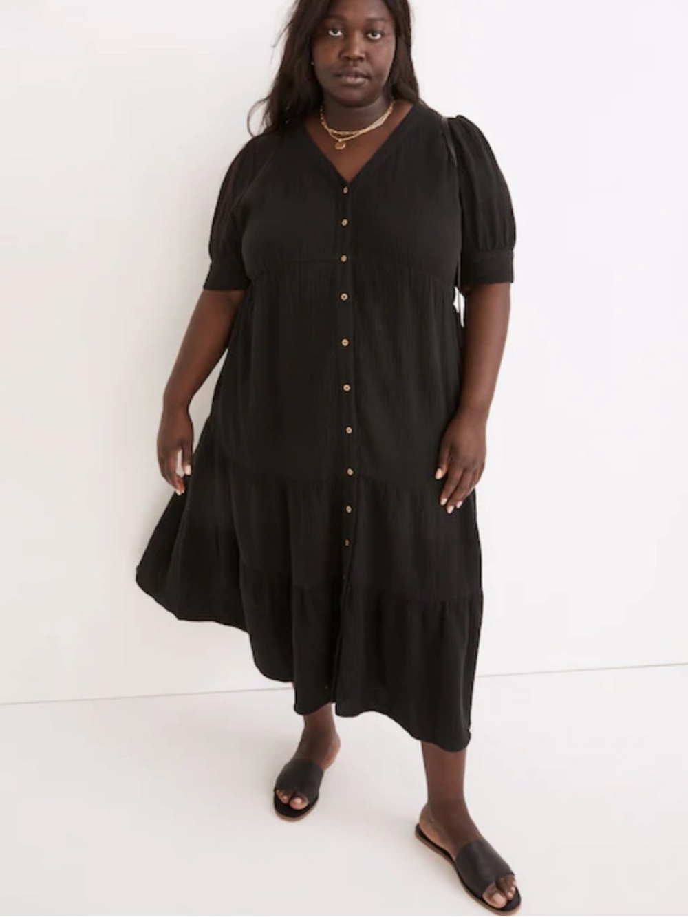 Madewell Black Button-Front Tiered Midi Dress